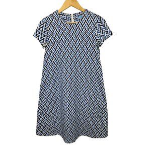 J. McLaughlin Geometric Print Blue Shift Dress Cap Sleeves Pockets‎ Size XS